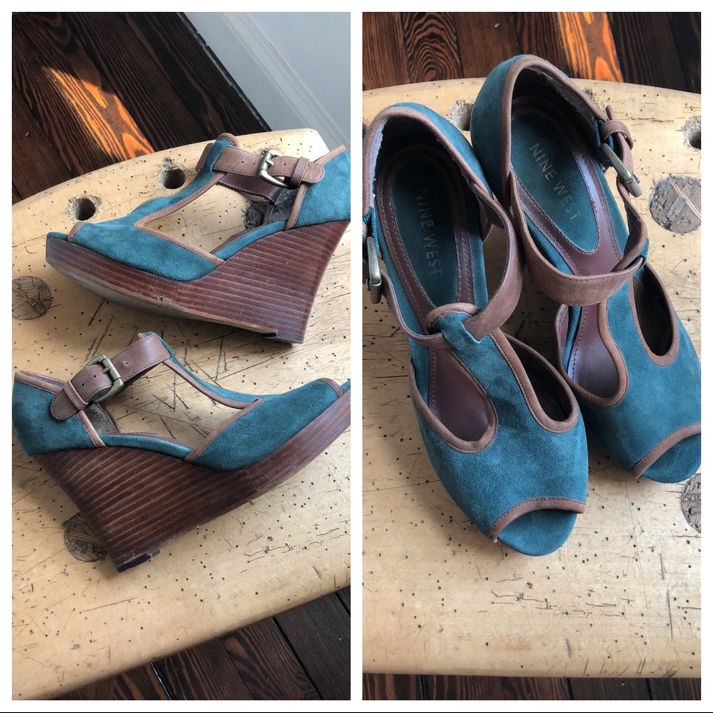 Nine West Teal and Brown Wedges